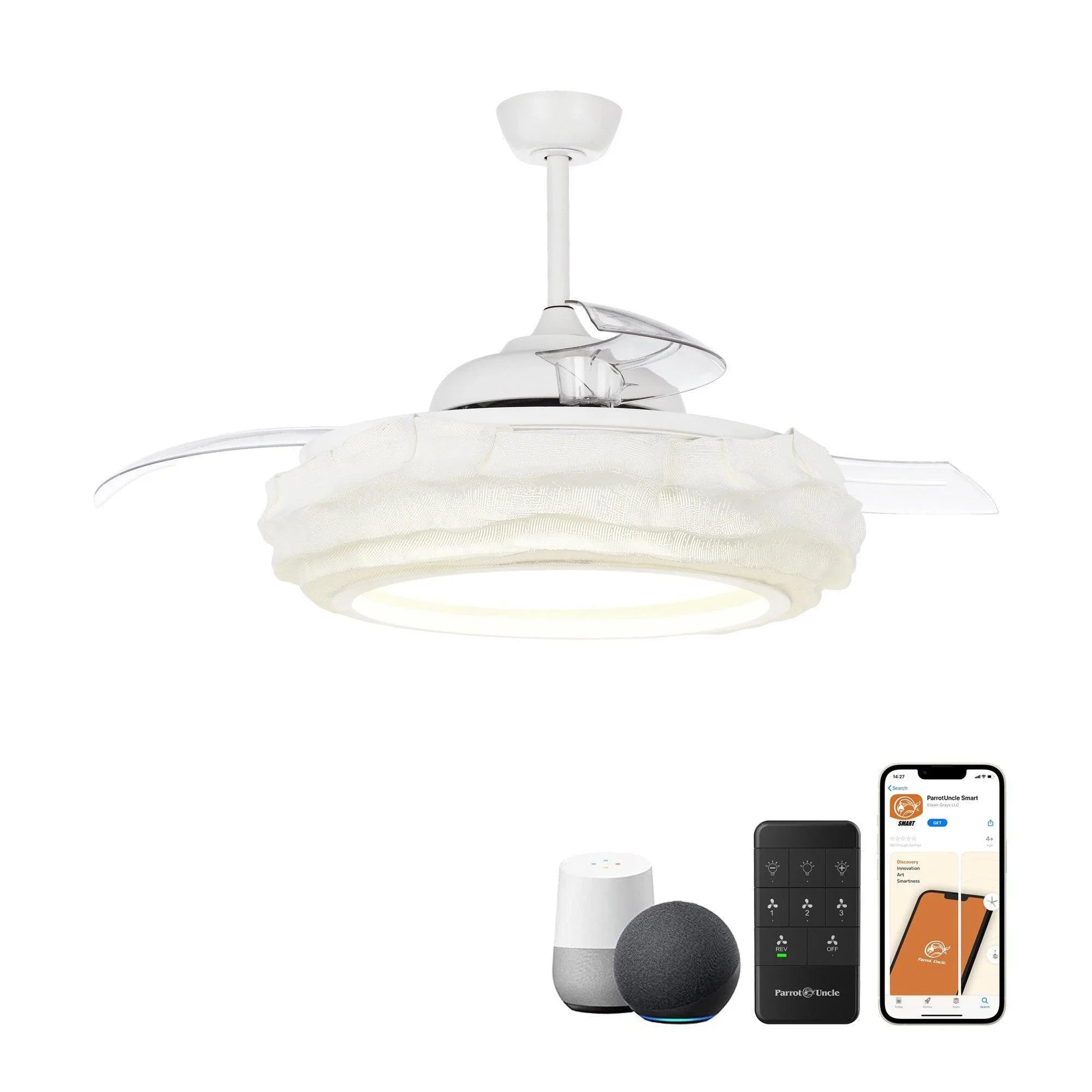 White ceiling fan with LED light and blades, with smart home control devices