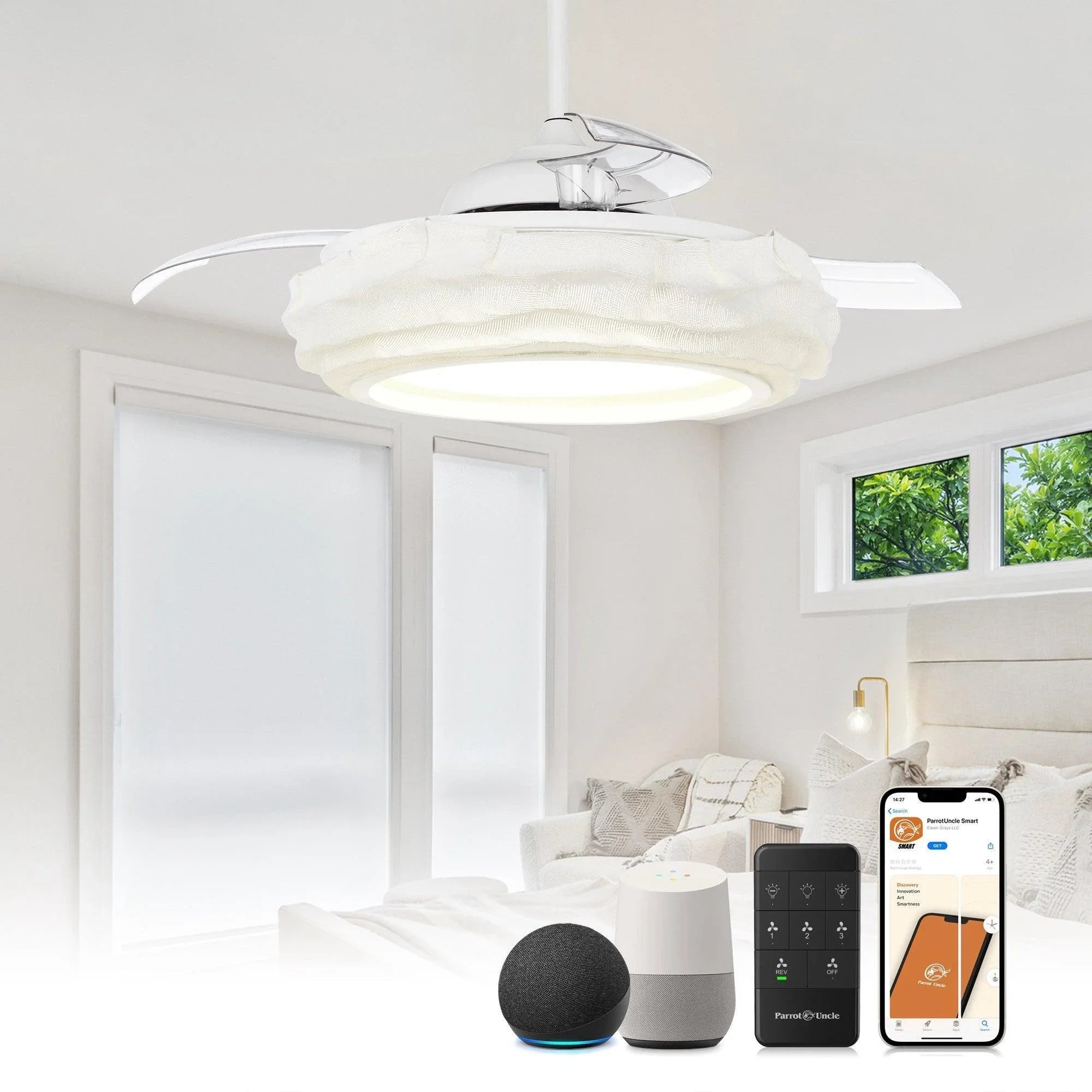 White ceiling fan with LED light above bed area, smart speaker and phones nearby