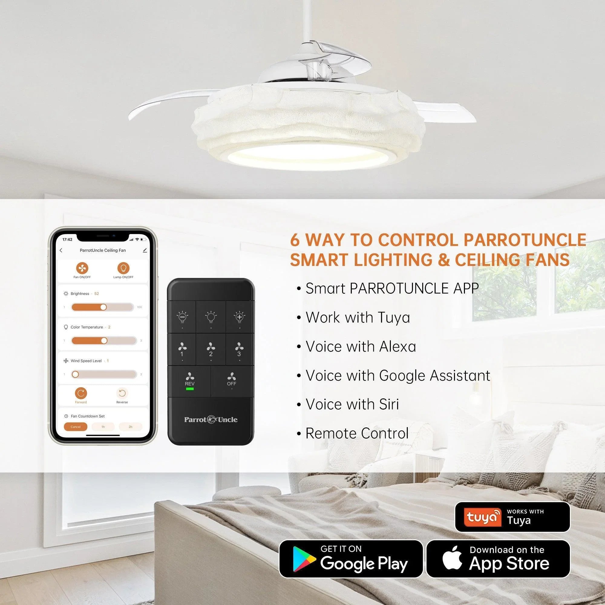 White ceiling fan with LED light and app/remote control screens shown nearby
