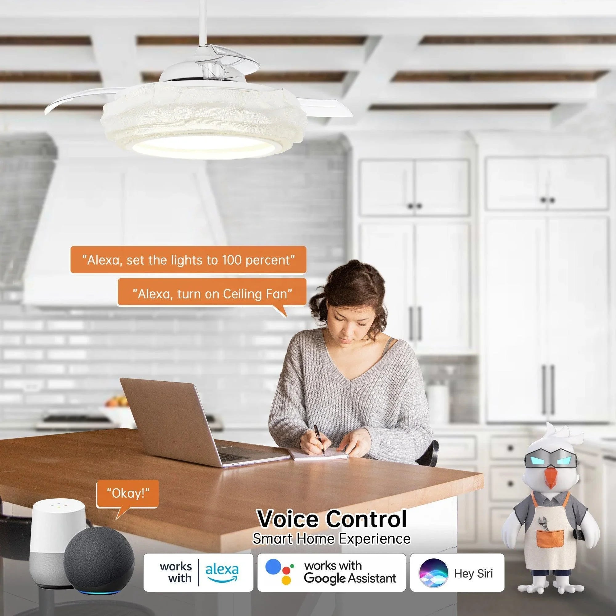 White ceiling fan with LED light and smart home voice control shown nearby