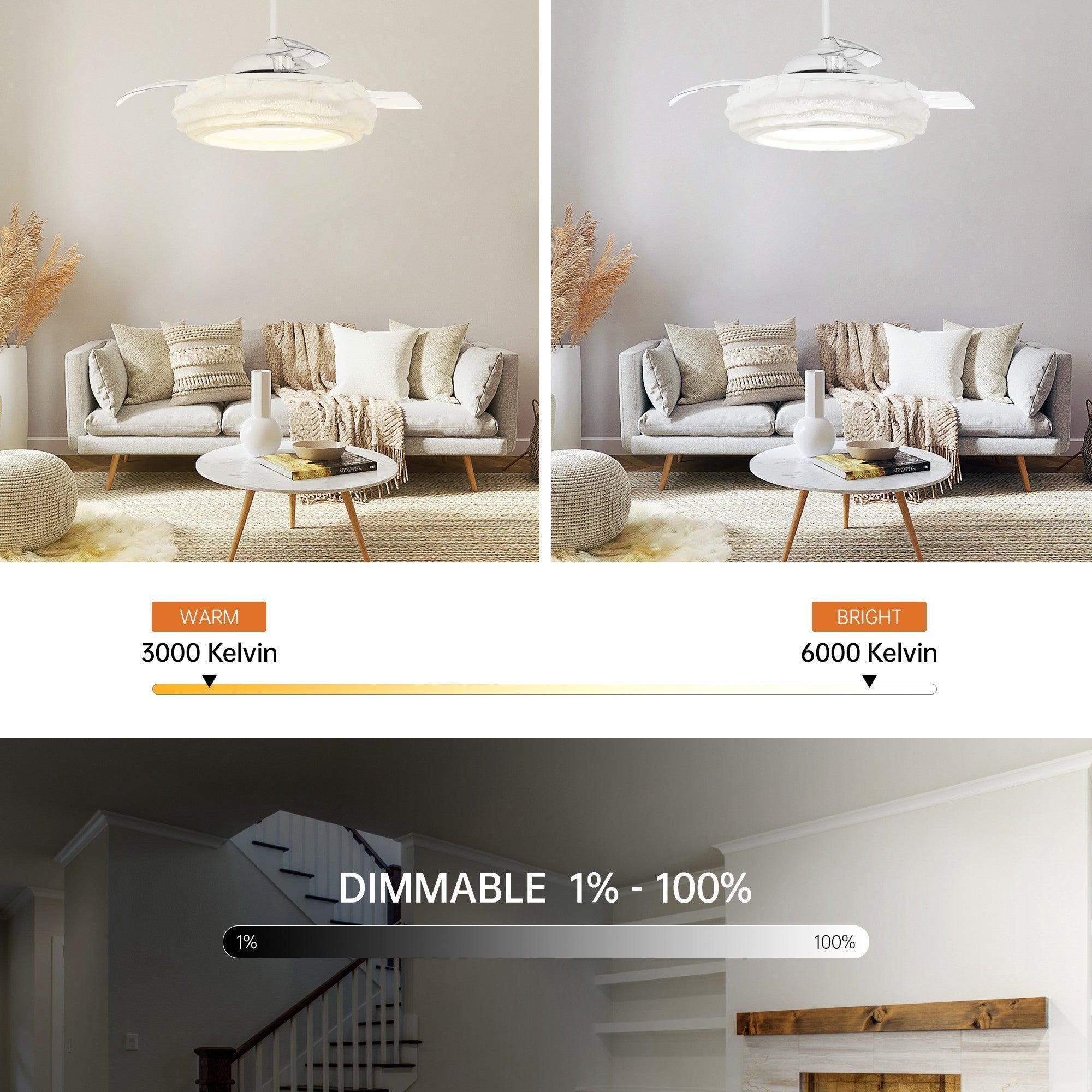 White ceiling fan with LED light showing warm and bright light options