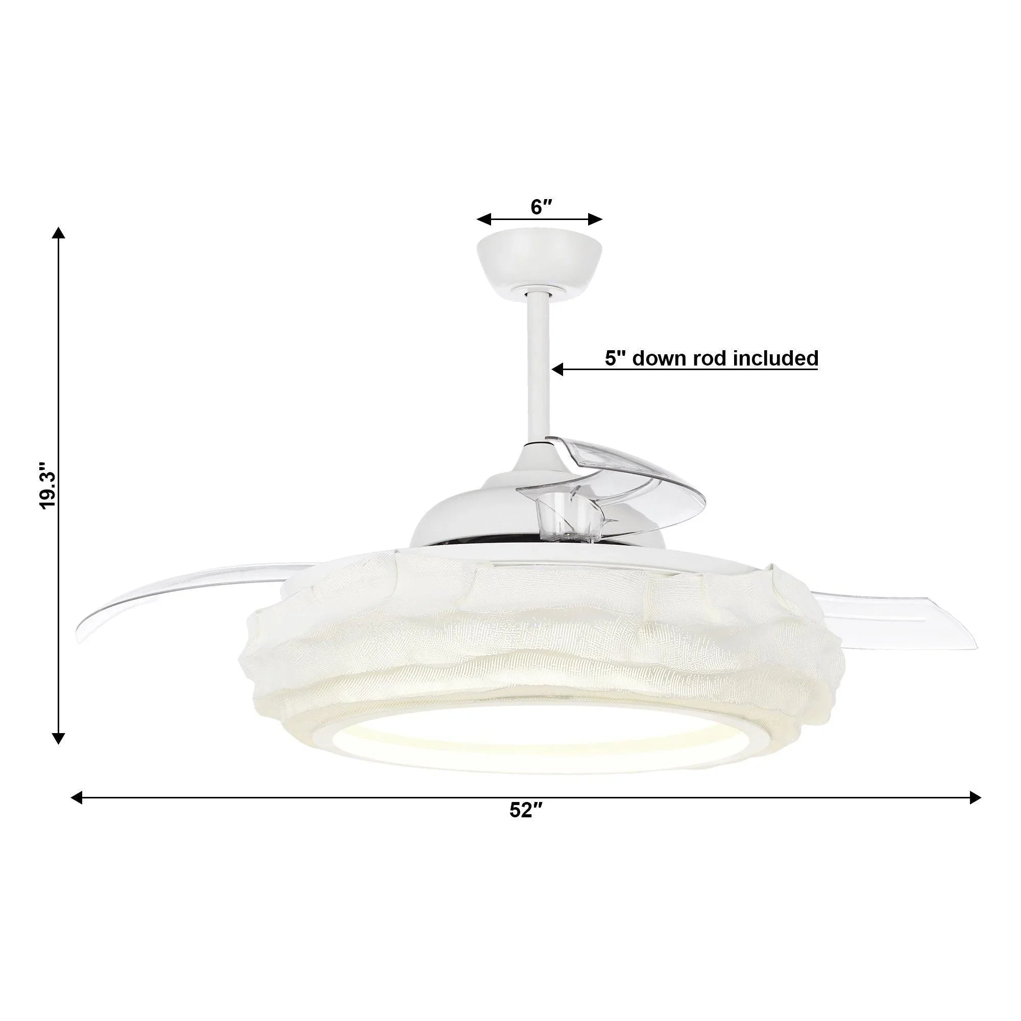 White ceiling fan with LED light, 52-inch size with included downrod