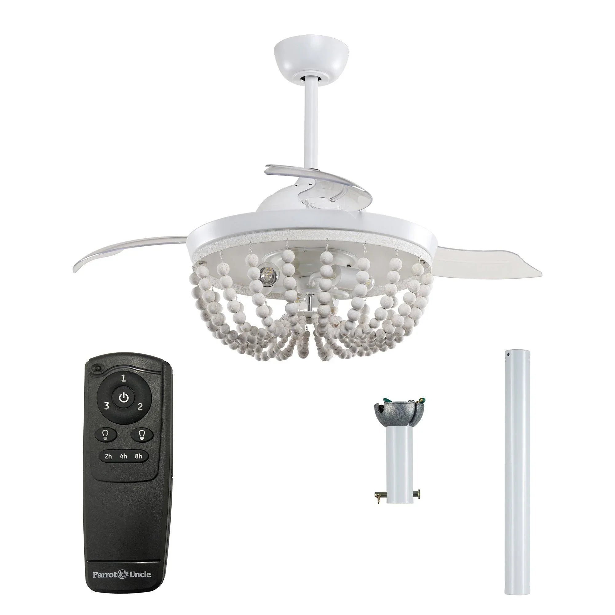 White farmhouse ceiling fan with wooden bead light and four blades, plus remote
