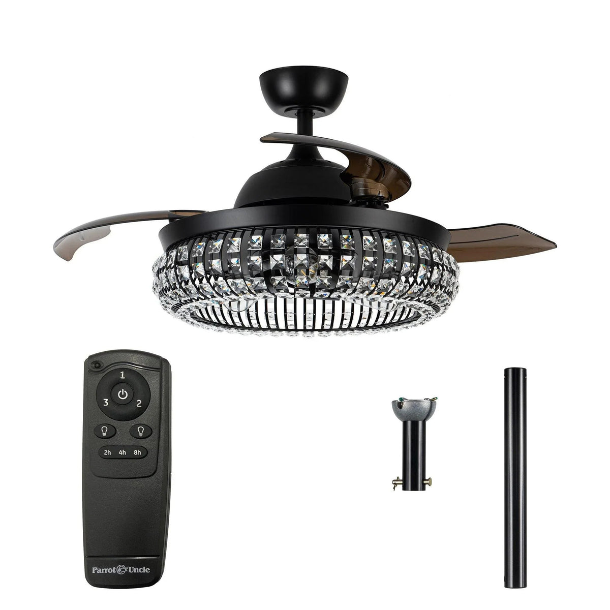 Black ceiling fan kit with remote control, downrod parts, and crystal light ring