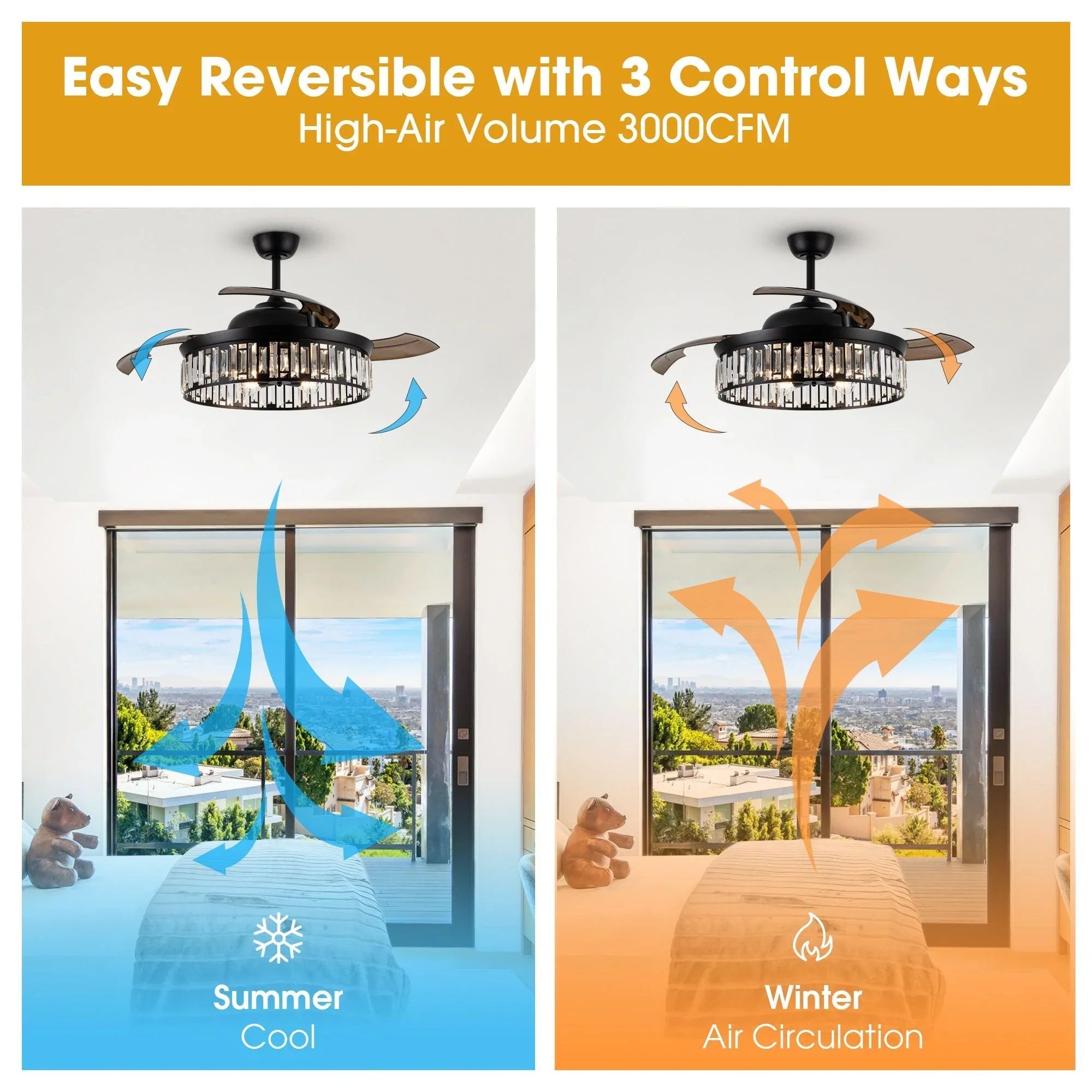 Black 52-inch reversible smart ceiling fan with light kit and three blades