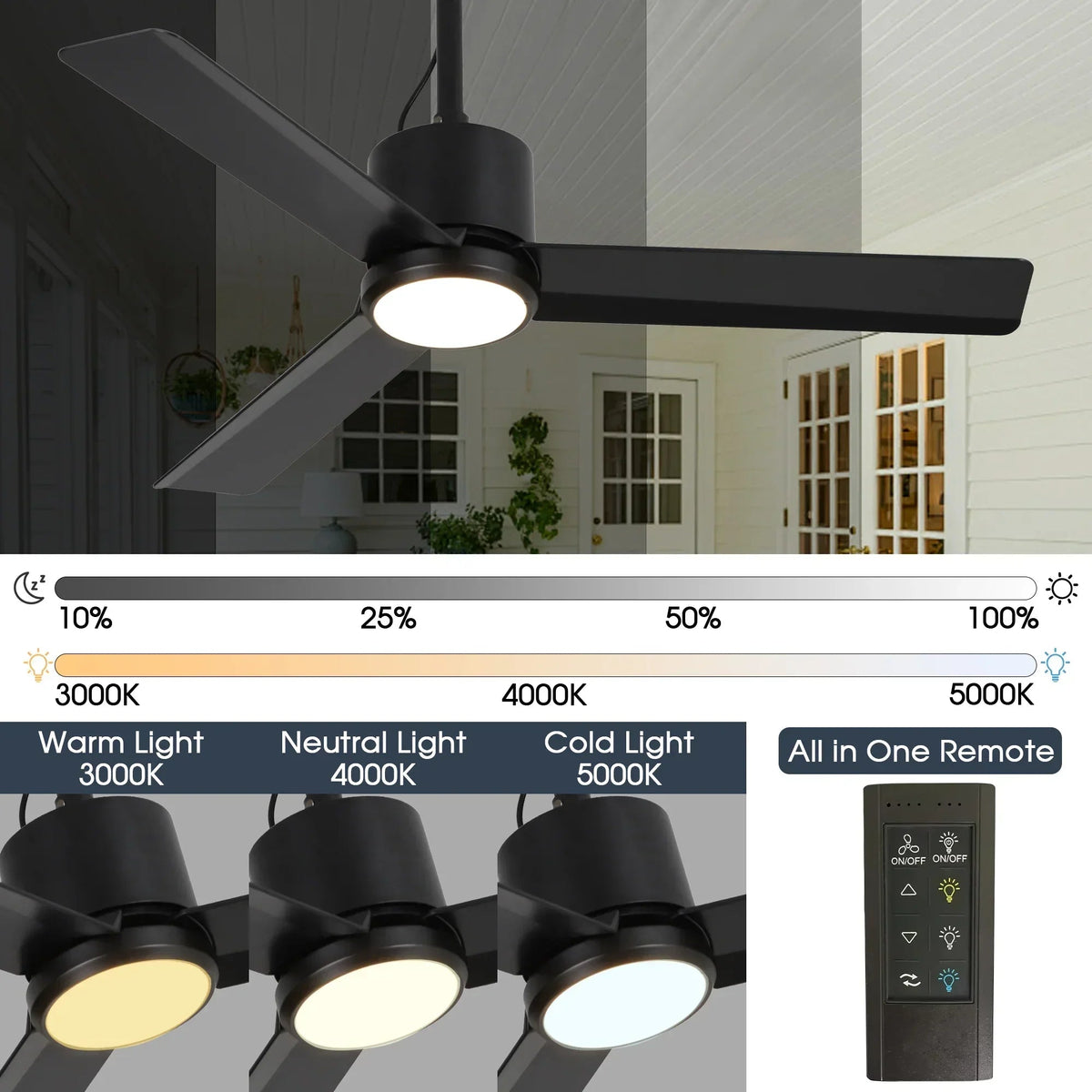 Black 42-inch wet-rated ceiling fan with LED light and remote control, light on