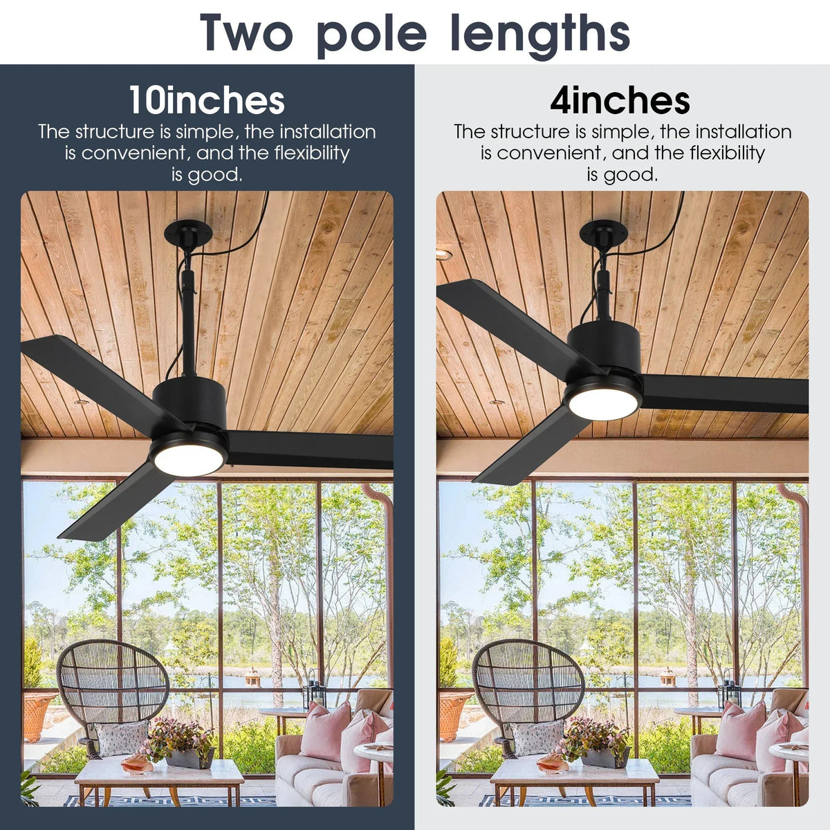Black 42-inch ceiling fan with LED light, two hanging downrod lengths shown