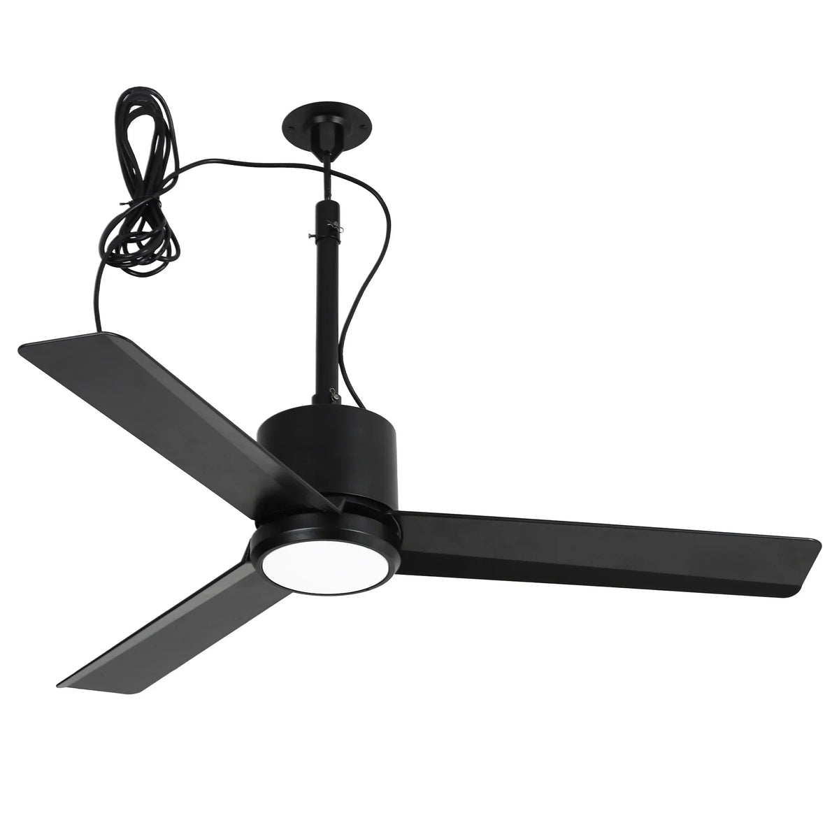 Black 42-inch ceiling fan with LED light and three angled blades, hanging hook and cord