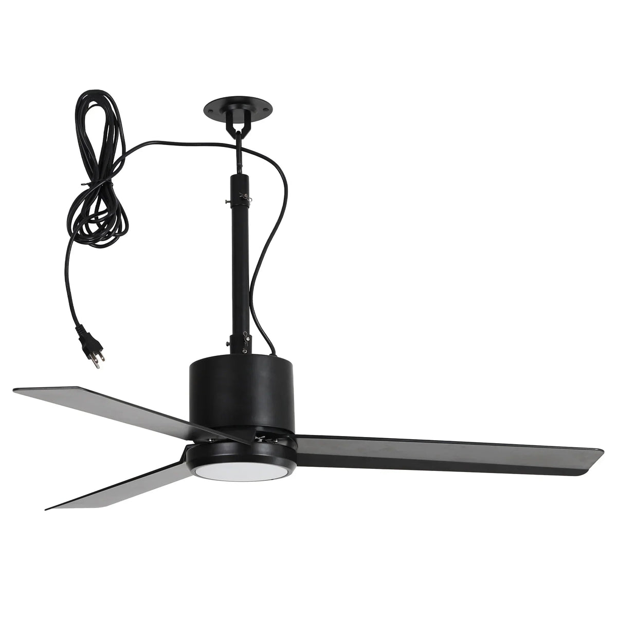 Black 42-inch ceiling fan with LED light, three blades, hanging cord and downrod