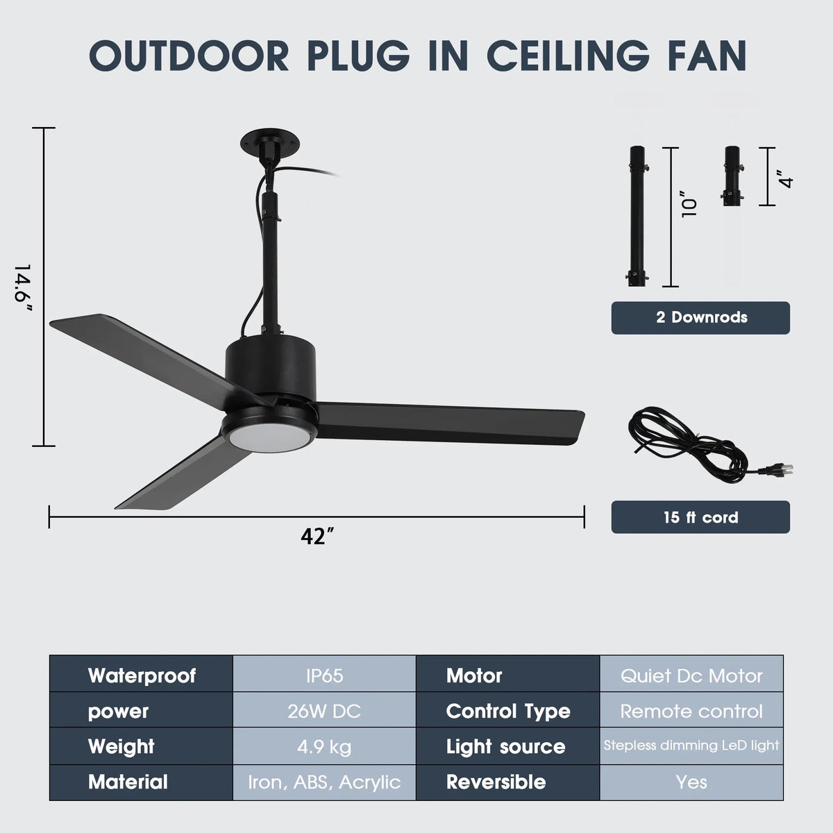 Black 42-inch outdoor ceiling fan with LED light, hanging downrod, and 15 ft cord