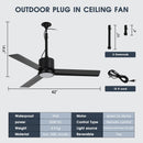 Parrot Uncle 42-Inch Rhine Indoor/Wet Outdoor IP65 Black Anywhere Waterproof Ceiling Fan with LED Light and Convenient Hanging Hook (F5001BK)