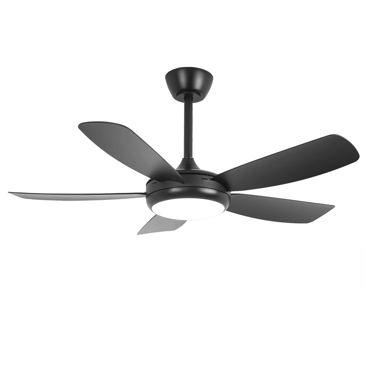 Black LED ceiling fan with five blades and downrod-mounted light
