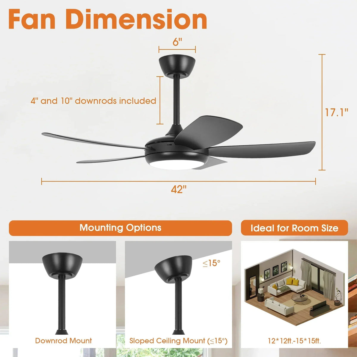 Parrot Uncle 42-Inch Gladys Modern Black LED Ceiling Fan with Remote Control (F5004BK)