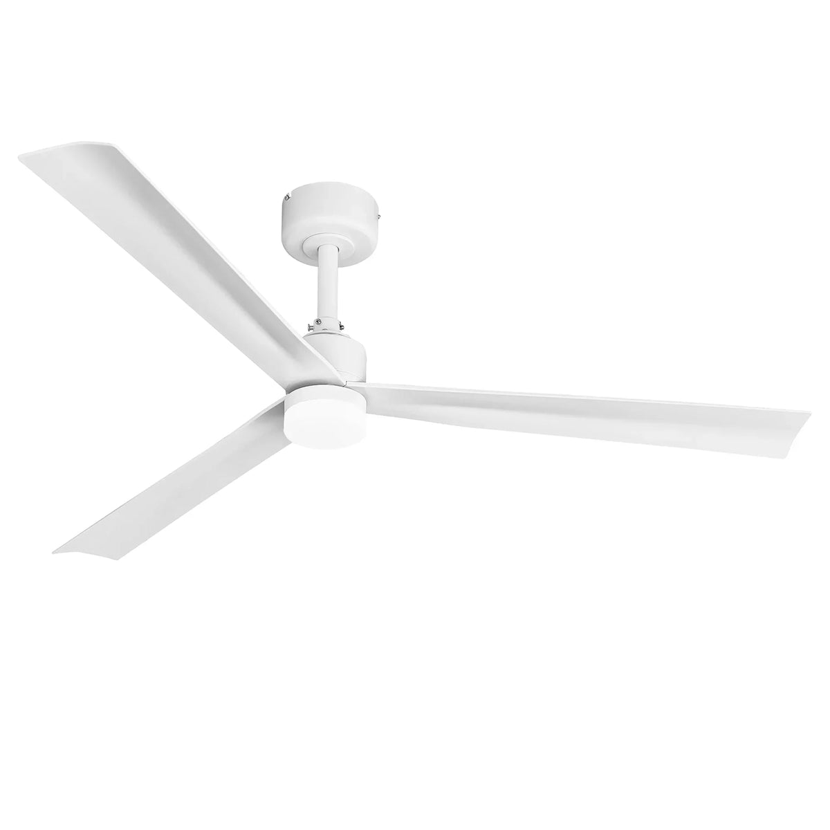 White flush-mount ceiling fan with four blades and central hub