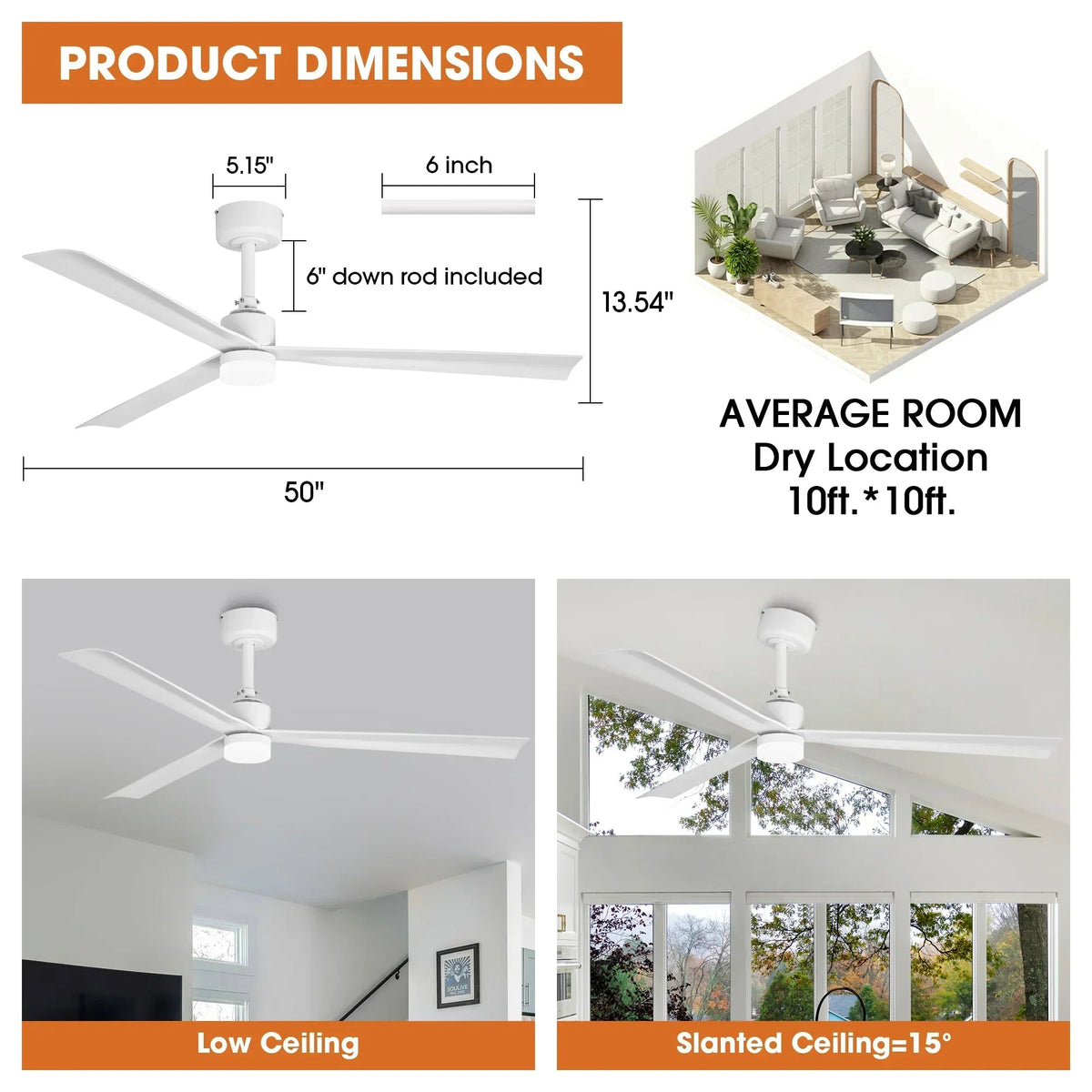 Parrot Uncle 50-Inch Rae Modern Downrod Mount LED Ceiling Fan with Remote Control (F5005-L)