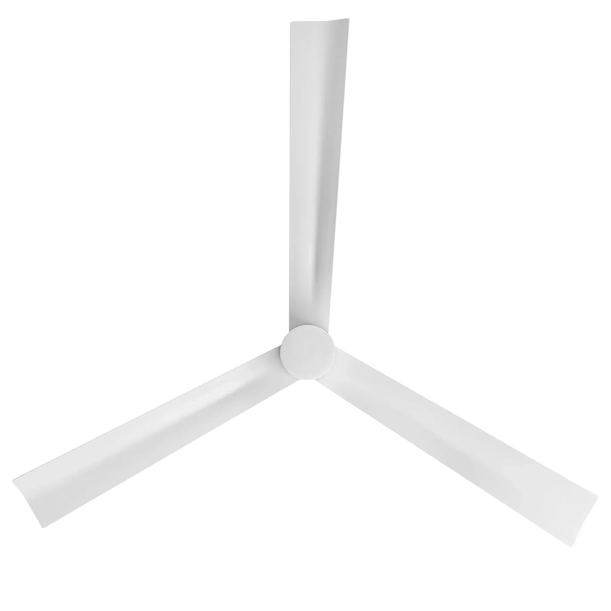 White downrod-mounted ceiling fan with three visible blades and central hub