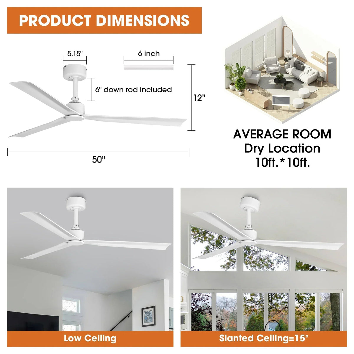 Parrot Uncle 50-Inch Erica Modern Downrod Mount Ceiling Fan with Remote Control (F5005)