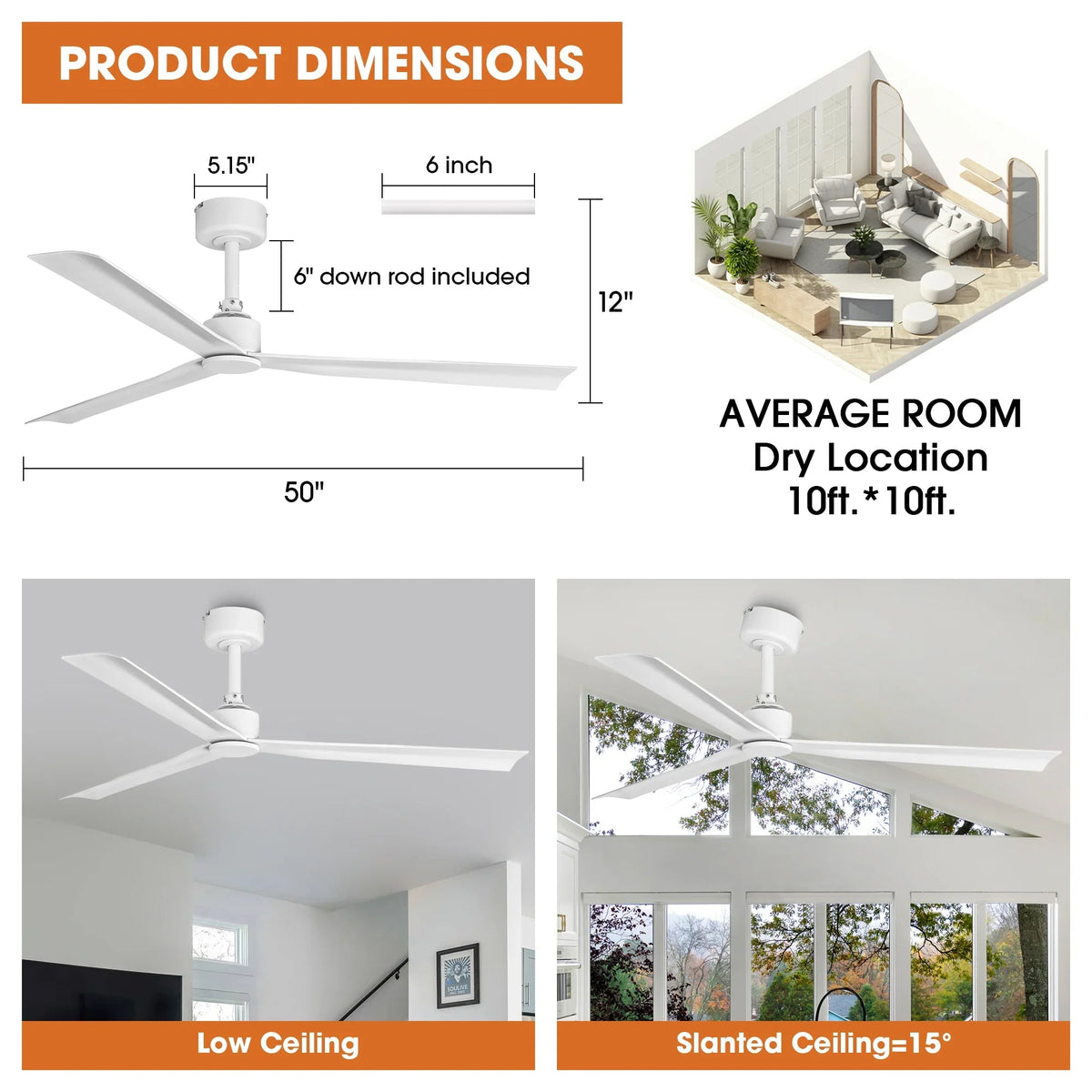 White ceiling fan with included downrod shown in product dimension infographic