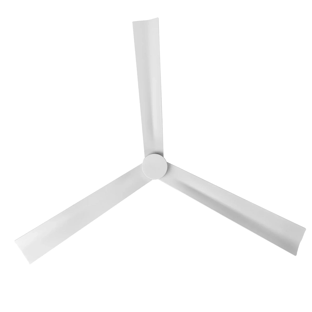 White ceiling fan with five blades extending from a central downrod mount