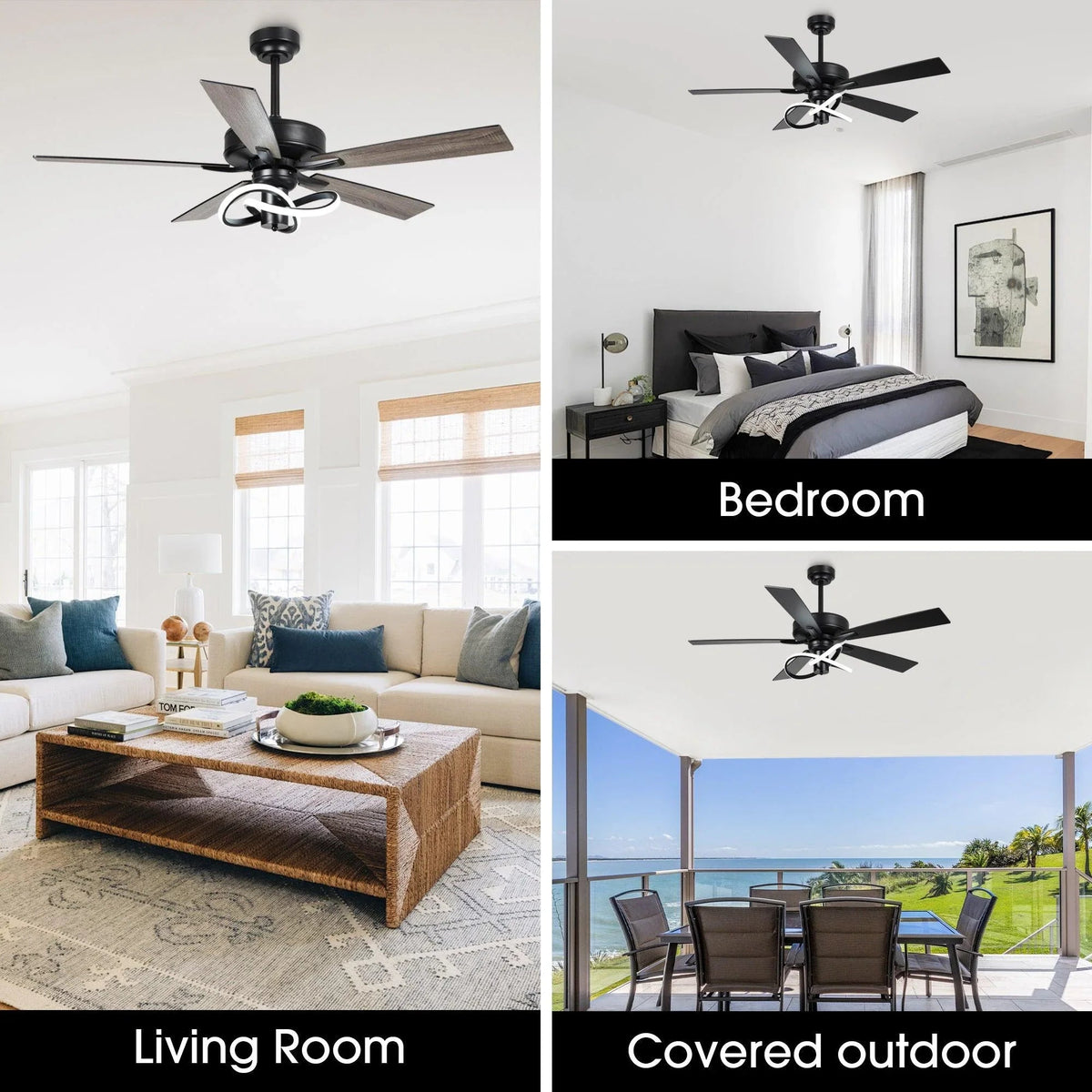 Chrome ceiling fan with four dark blades mounted on a ceiling.