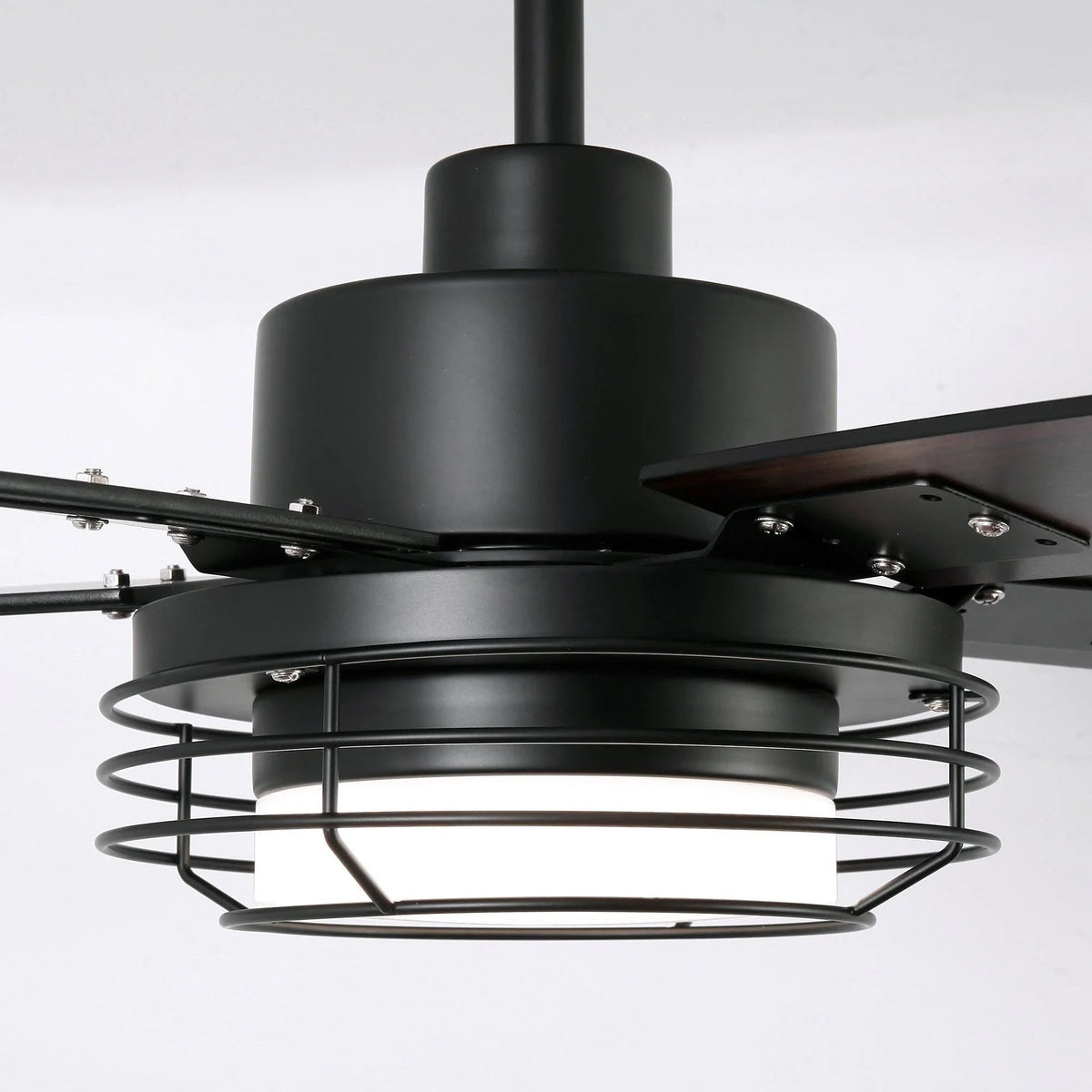 Parrot Uncle ceiling fan housing with LED cage and black motor canopy