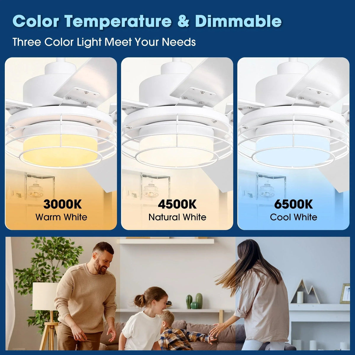 Ceiling fan LED light with three color temperatures shown in panels