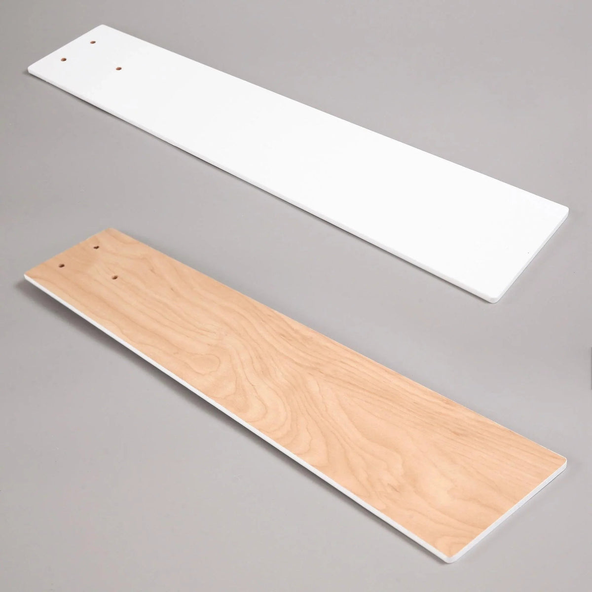 Ceiling fan blade set with light wood finish and matching white mounting channel