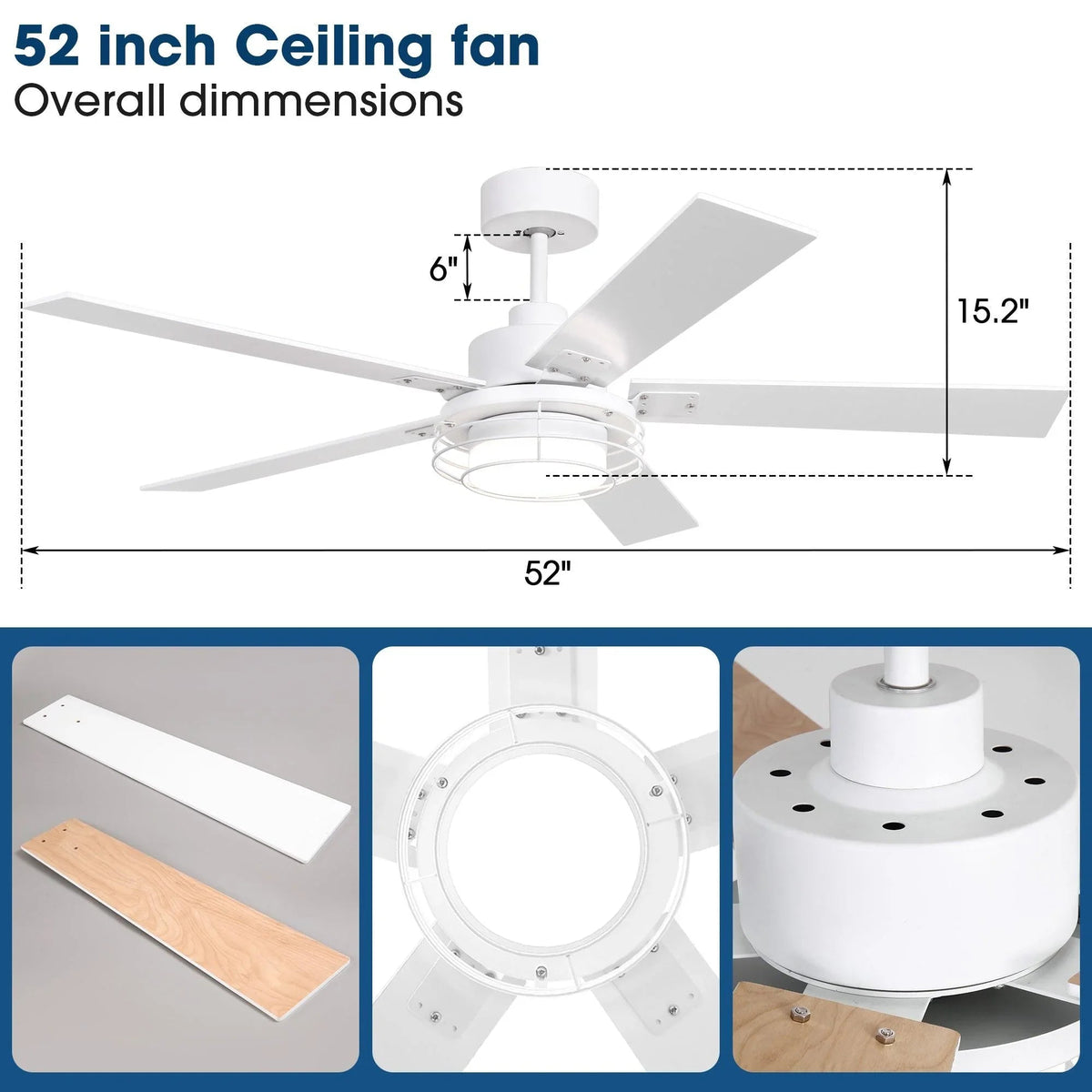 Ceiling fan size diagram showing 52-inch width and white housing with wood blades