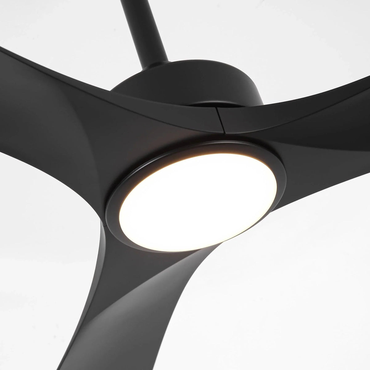 Black ceiling fan hub with illuminated LED light and multi-blade arms