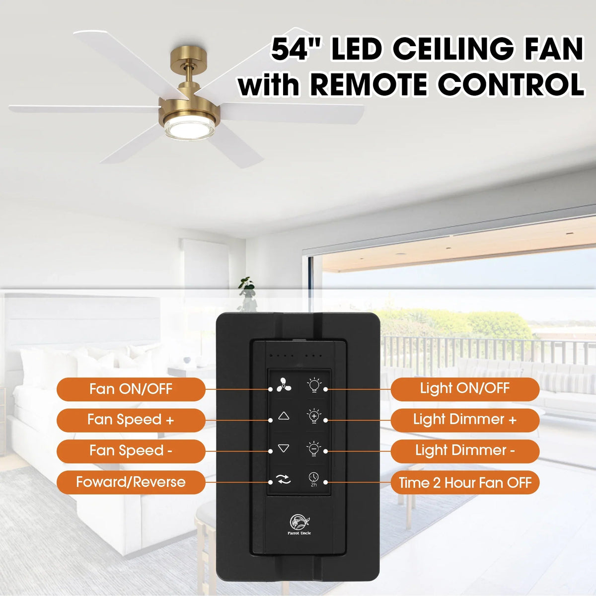 Golden modern 54-inch ceiling fan with remote control and integrated LED light