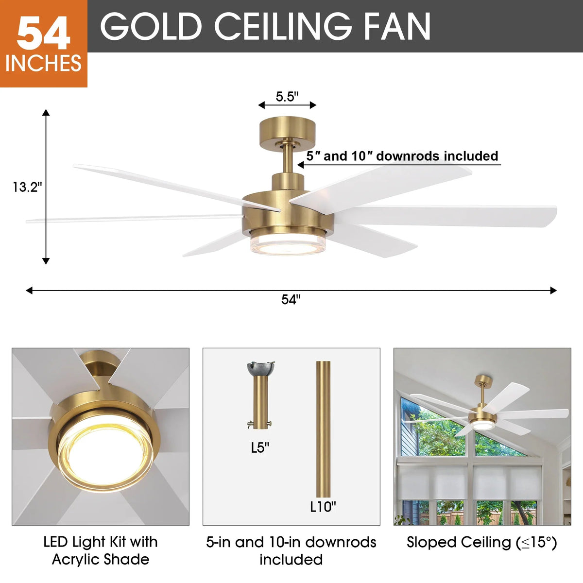 Golden ceiling fan with five white blades and LED light, shown with downrod