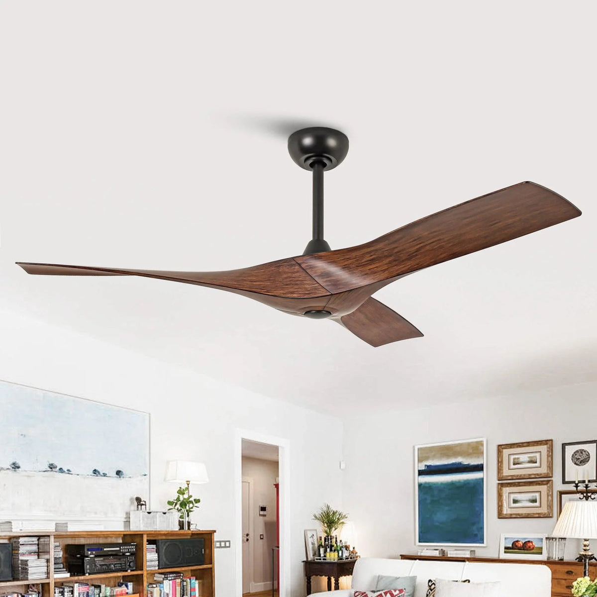 Brown 5-blade ceiling fan with black downrod and motor housing