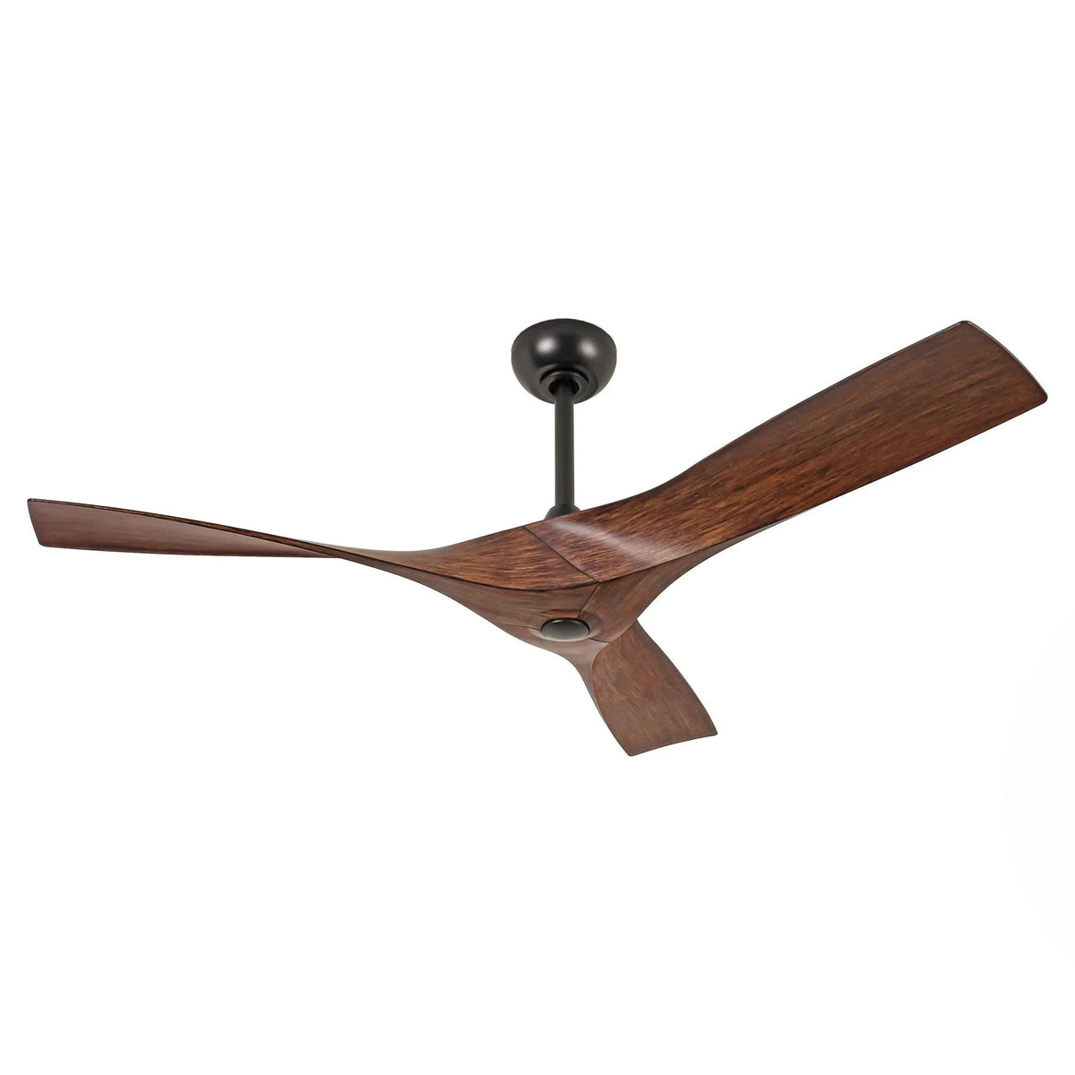 Brown 5-blade ceiling fan with black motor housing on downrod