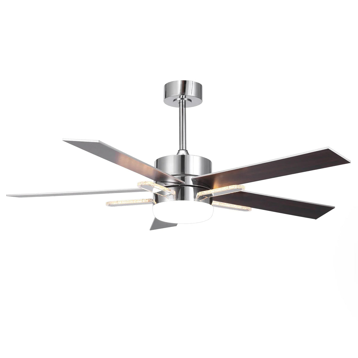 Chrome ceiling fan with reversible dark and silver blades and central LED light, downrod mount.