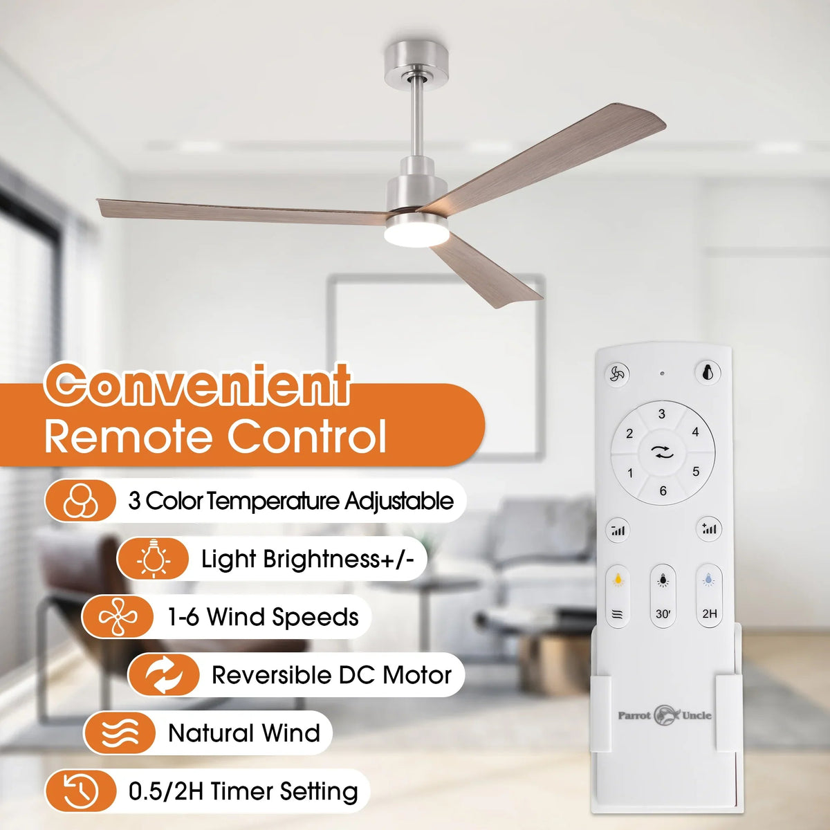 Handheld white ceiling fan remote control with numbered buttons for LED light and speed