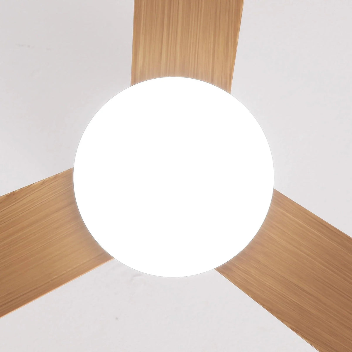 Close-up of round white LED light cover with wood fan blades around it