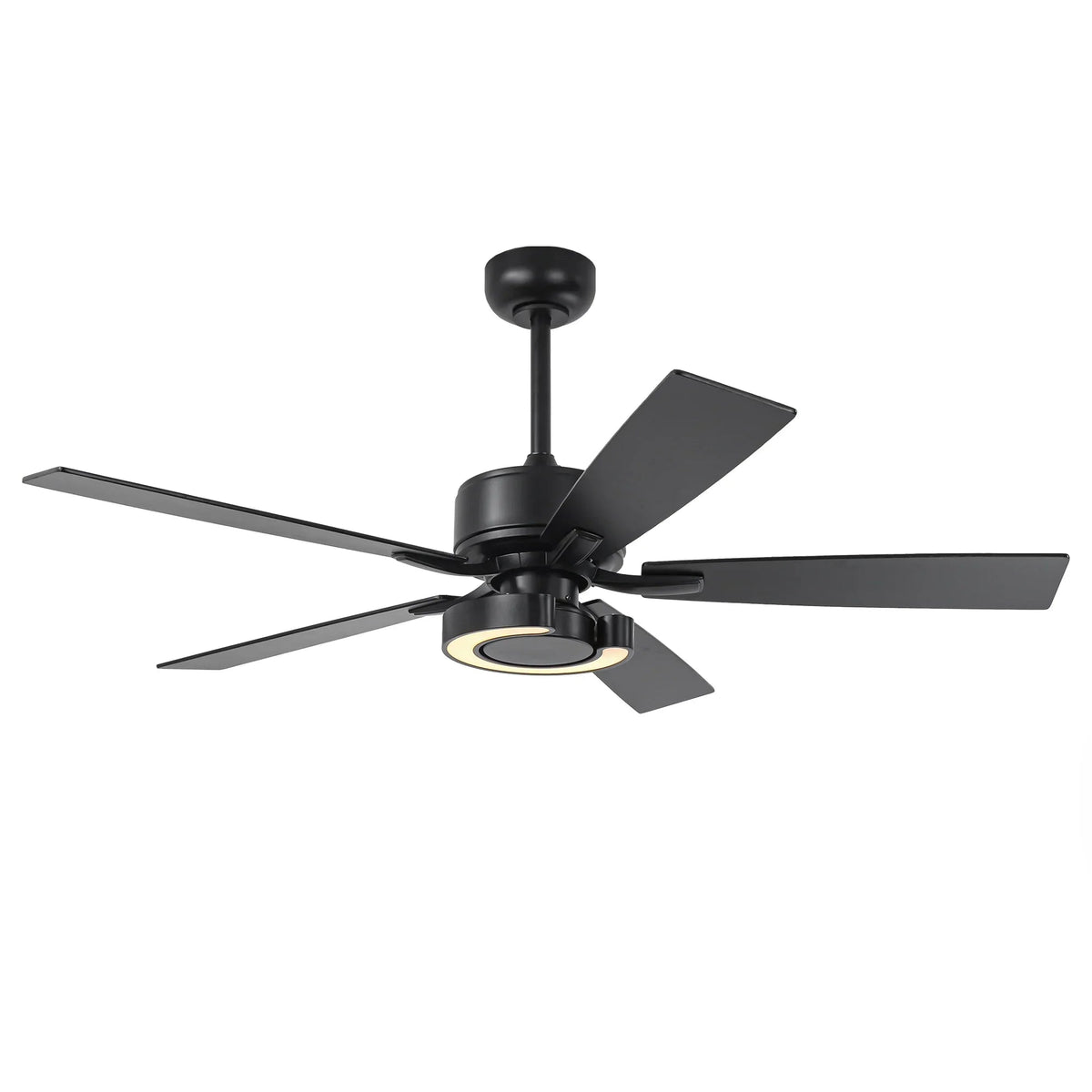 Black LED ceiling fan with five blades and glowing light ring, wide view