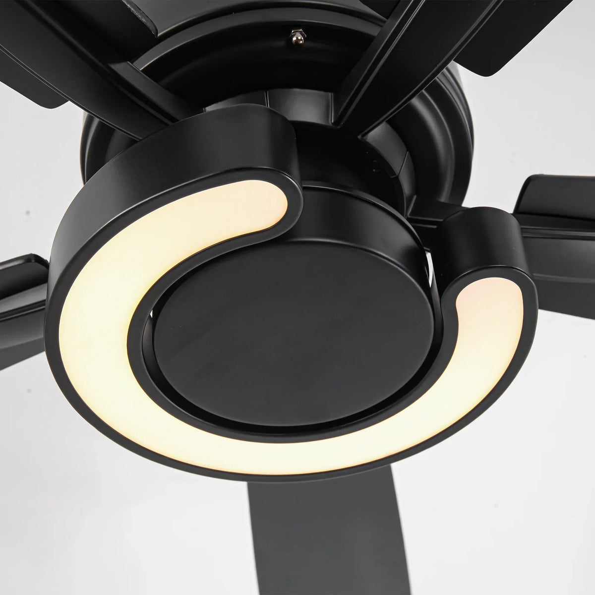 Black LED ceiling fan light ring with five double-sided blades, close-up