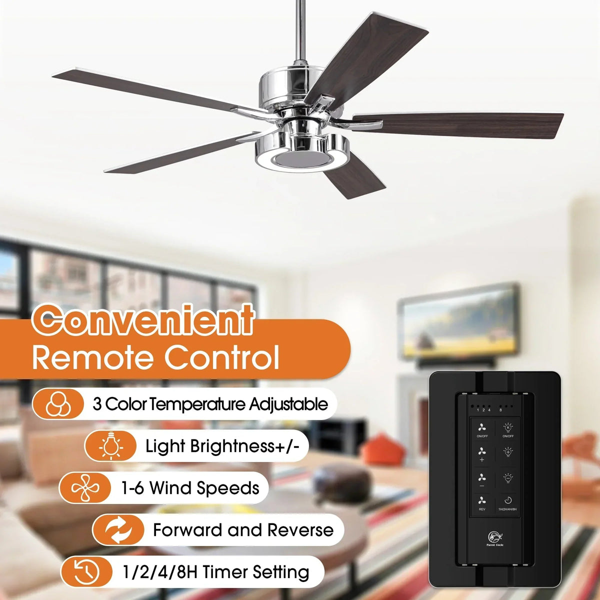Parrot Uncle 52-Inch Arlen Double-sided Blades Downrod Mount LED Ceiling Fan with Remote Control