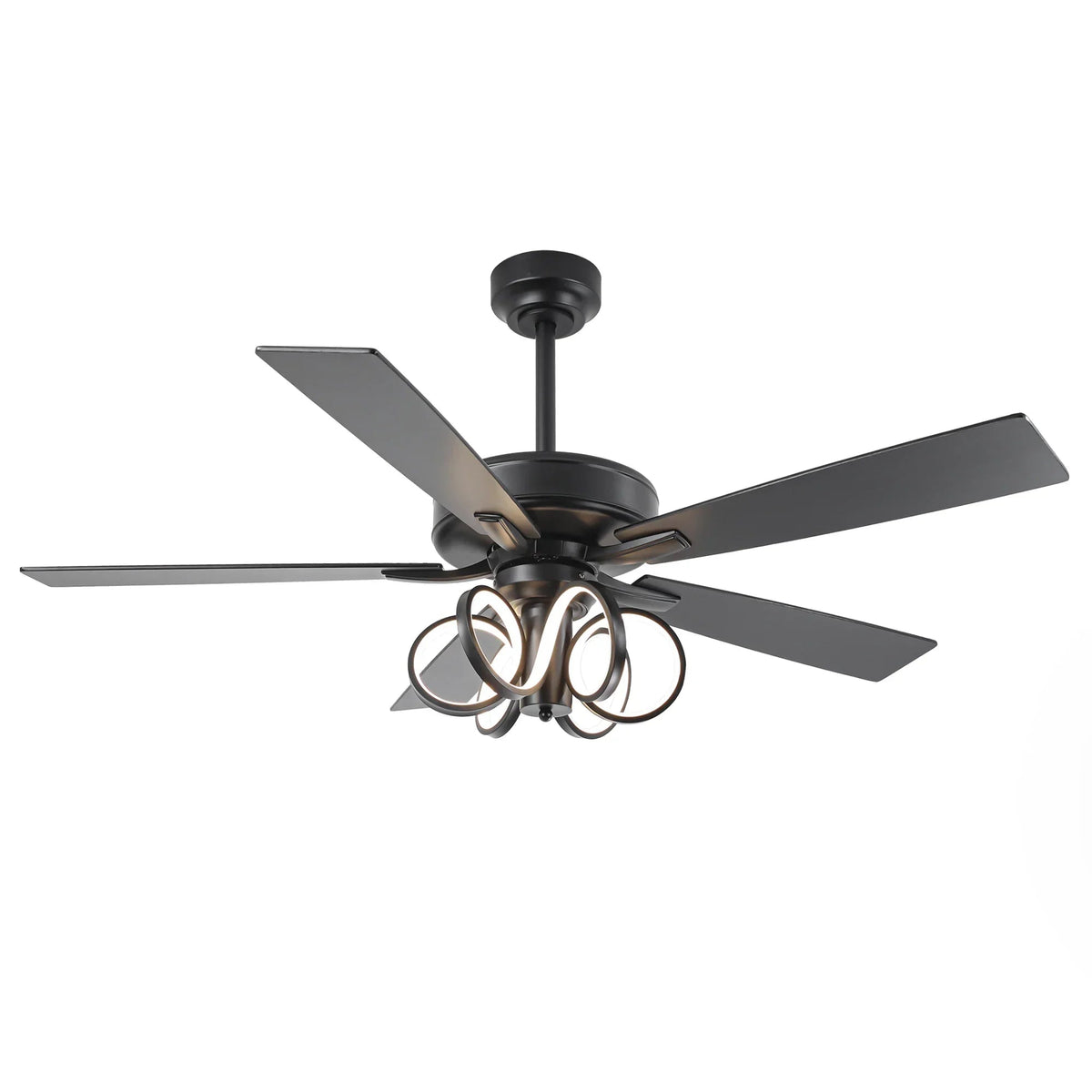 Black LED ceiling fan with five dark blades and central light ring fixture