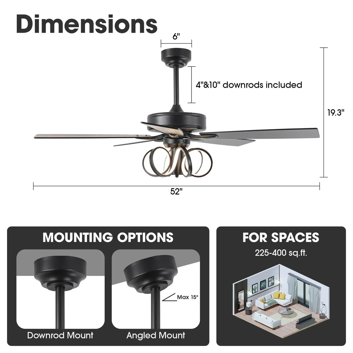 Parrot Uncle 52-Inch Levi Double-Sided Blades in Downrod Mount LED Ceiling Fan with Remote Control
