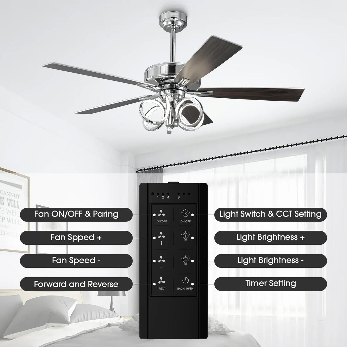 Parrot Uncle 52-Inch Levi Double-Sided Blades in Downrod Mount LED Ceiling Fan with Remote Control