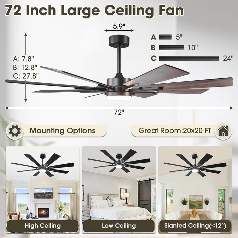 Parrot Uncle 60 Inch / 72 Inch Windmill Downrod Mount LED Ceiling Fan with Remote and APP Control