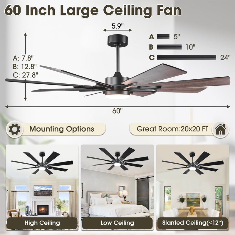Parrot Uncle 60 Inch / 72 Inch Windmill Downrod Mount LED Ceiling Fan with Remote and APP Control