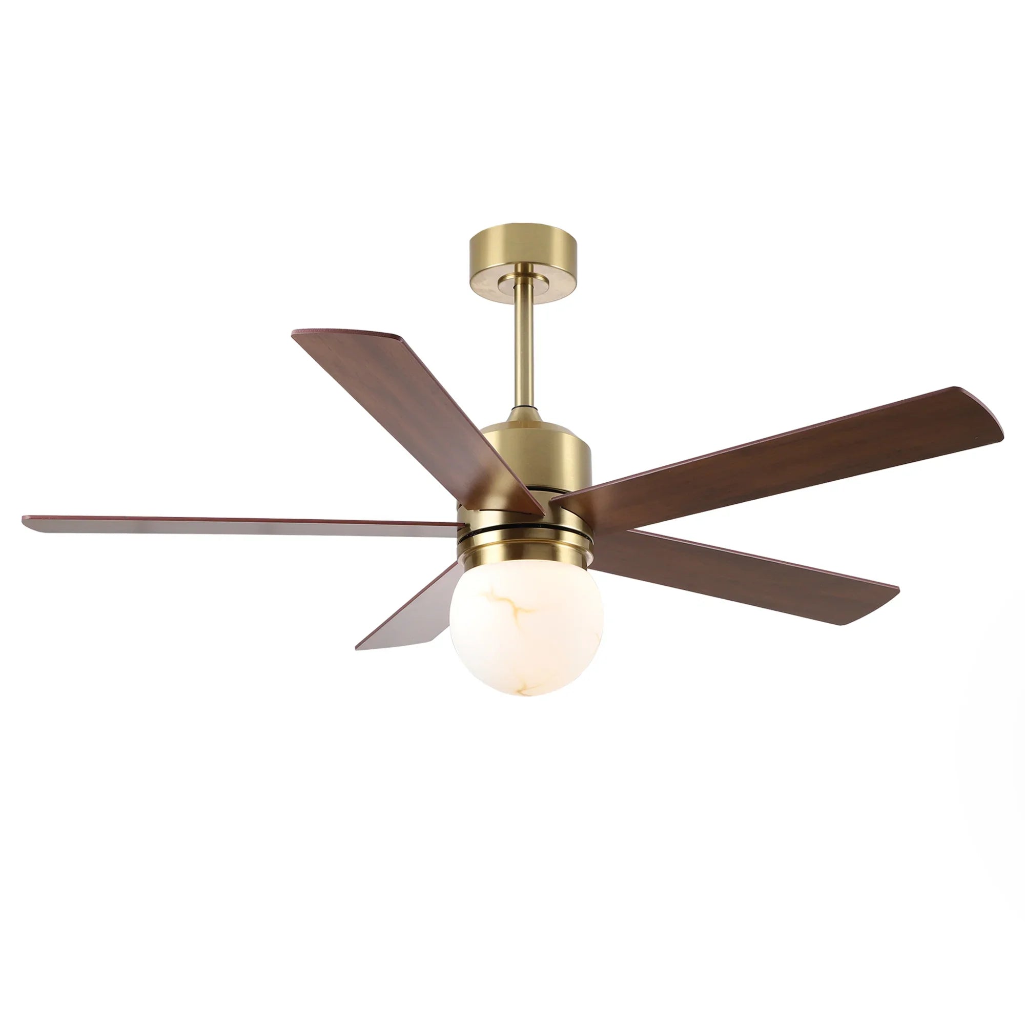 Golden ceiling fan with dark brown reversible blades and frosted globe LED light