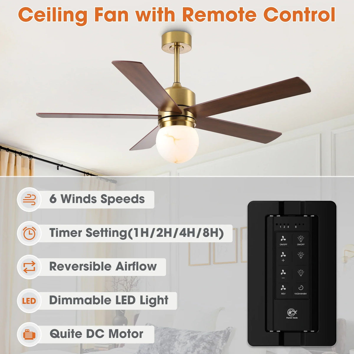 Ceiling fan with frosted LED globe and remote control, showing 6 speeds and timer