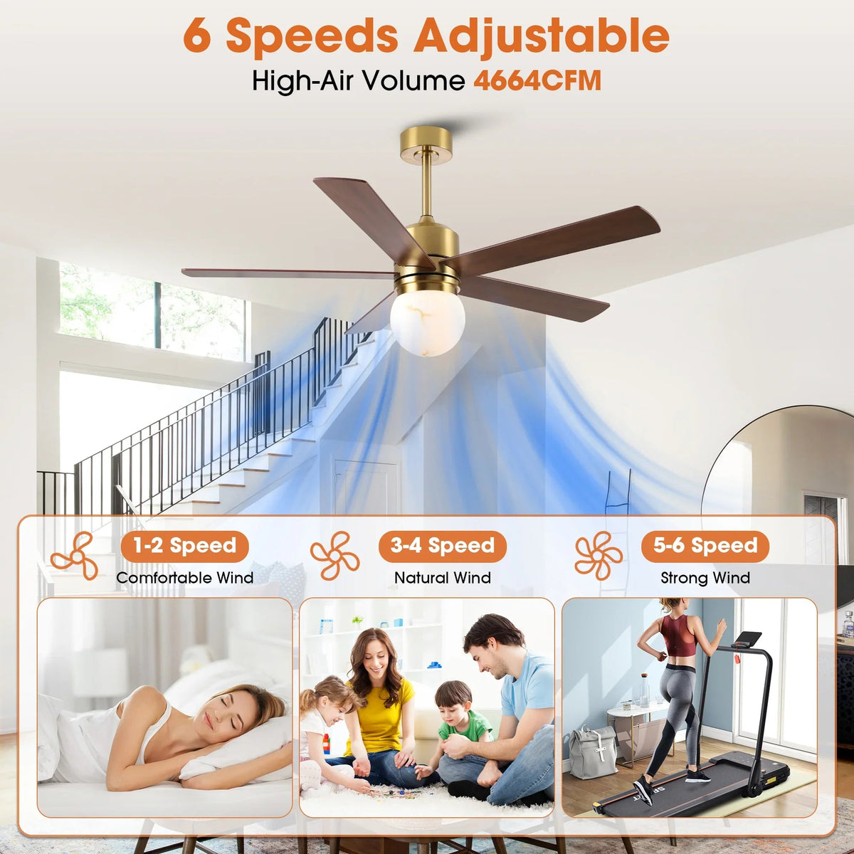 LED ceiling fan with walnut blades on downrod, golden canopy and lit bulb