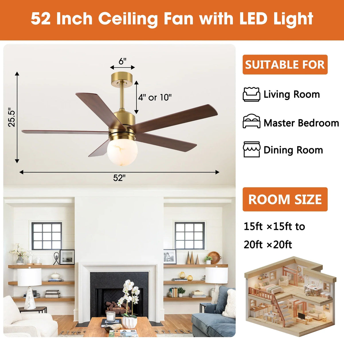 52-inch ceiling fan diagram with frosted LED light and blade span measurements