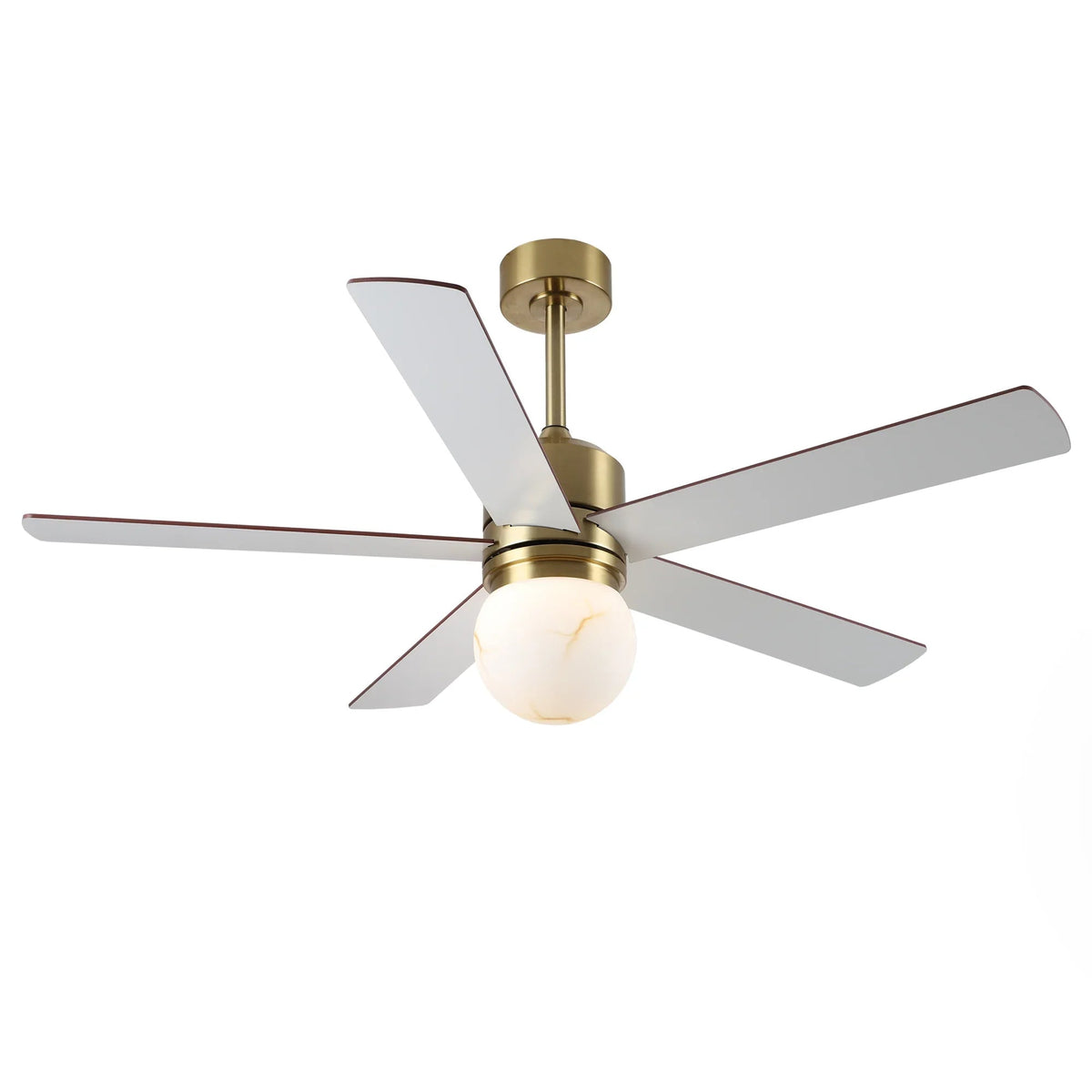 Ceiling fan with golden finish, dark brown blades, and frosted globe LED light
