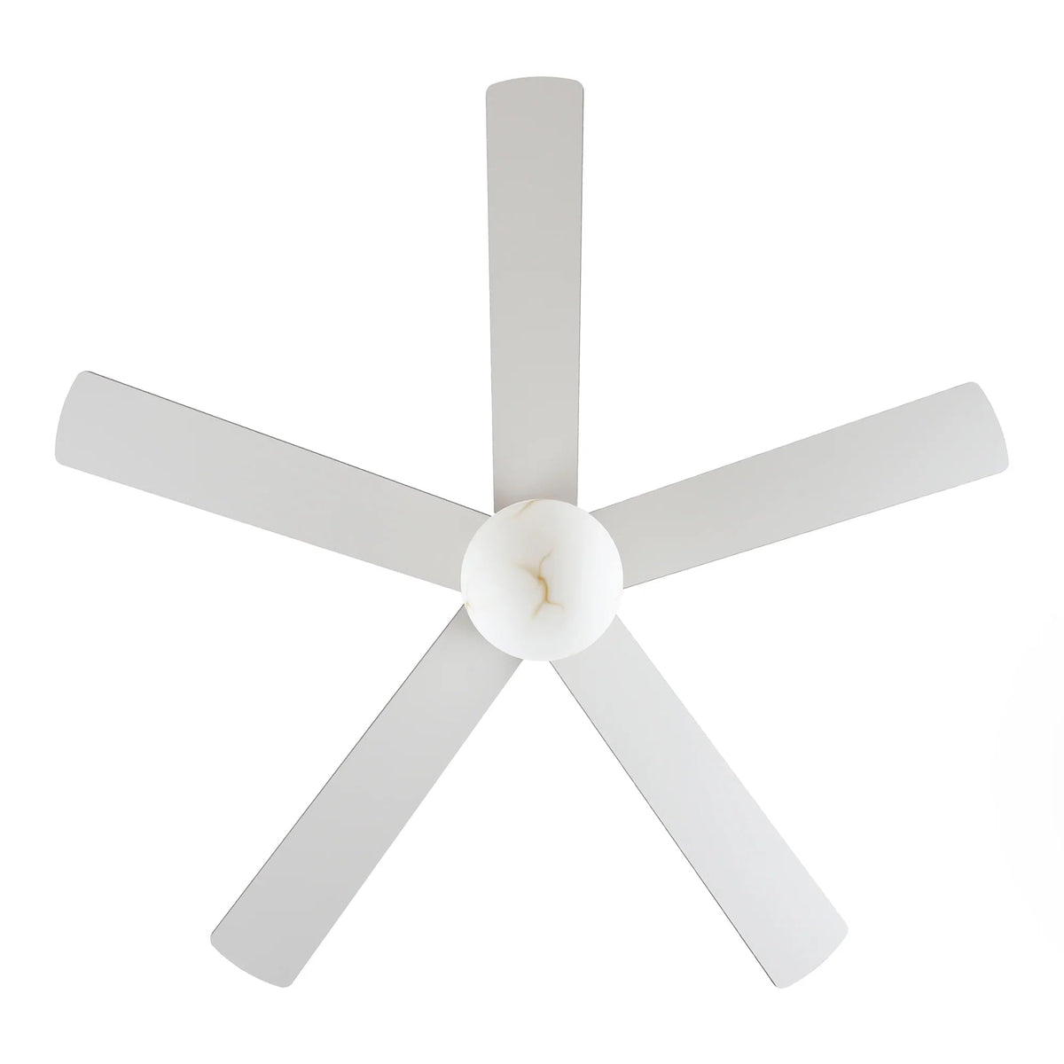 White-blade ceiling fan with frosted globe LED light and centered downrod